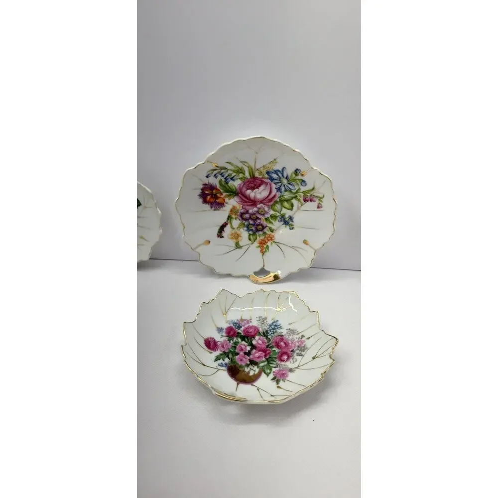 Vintage NASCO Japan Leaf Shaped Trinket Dishes Floral Gold Trim Set of 4